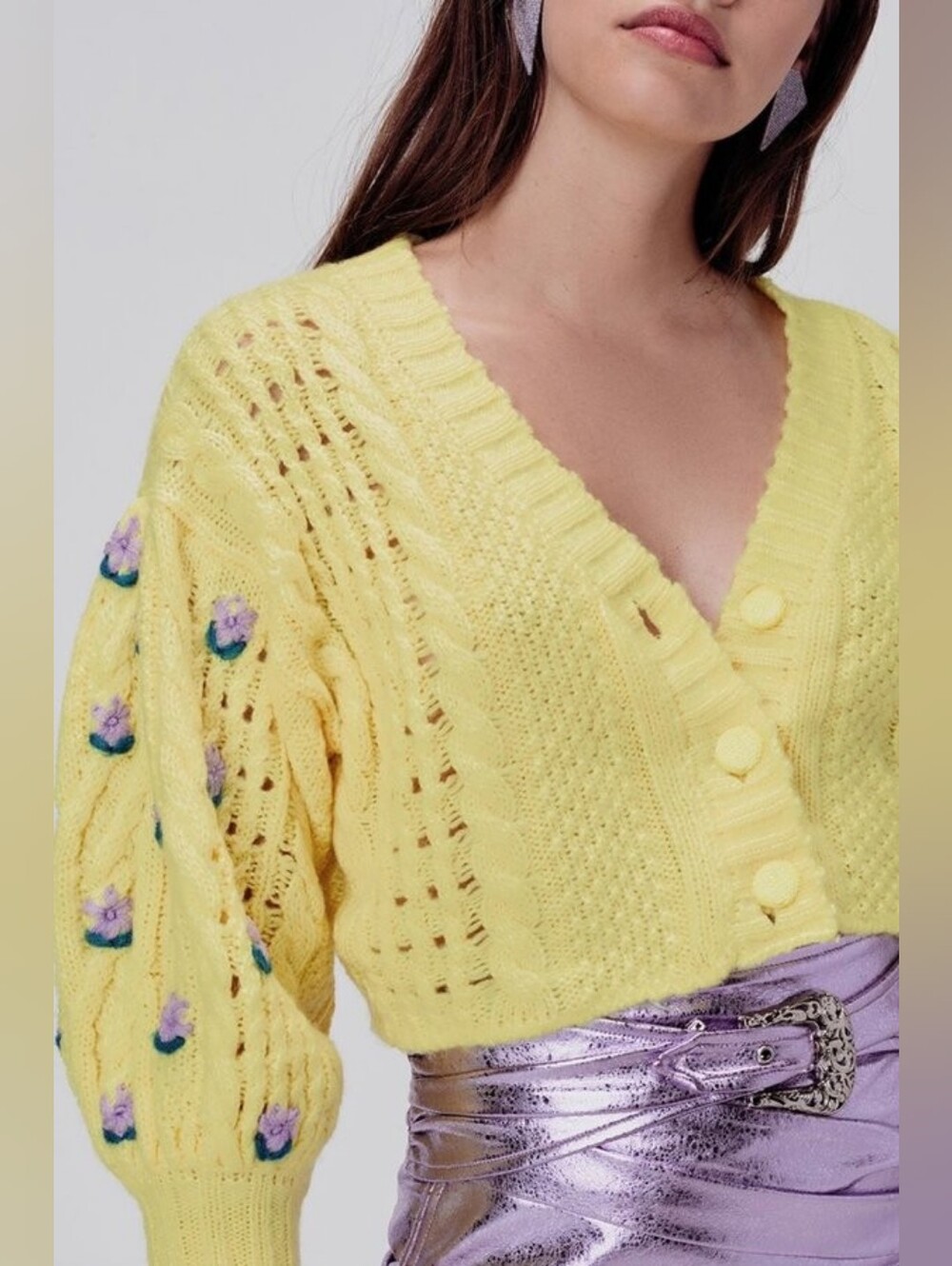 For Love & Lemons Canary Savannah Cardigan Puff Sleeve Cable Knit Small